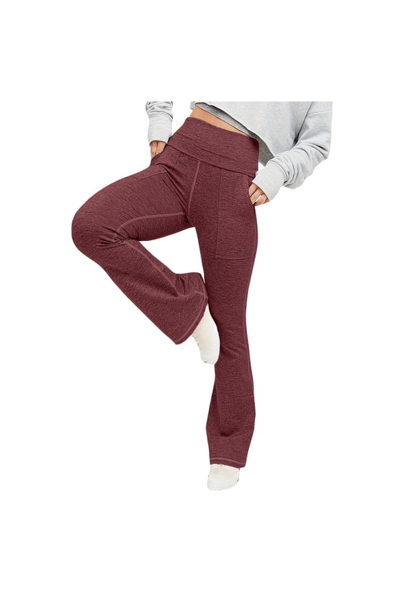 Flared Leggings Women with Pockets Plus Size Workout Pants Elastic Waist Full Length Curvy Casual Long Bootcut Workout Pants for Work out Solid Yoga Lightweight Wine XL Breathable Gym Clothes