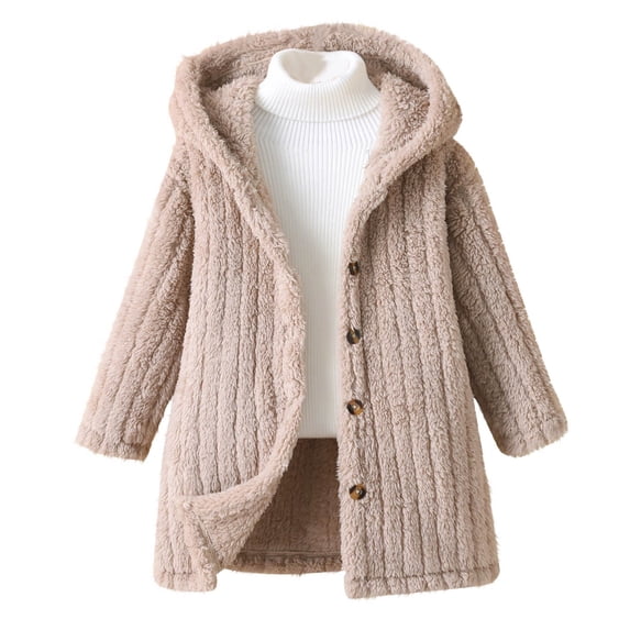 SELONE Fleece Jacket for Boys Hooded Fleece Long Button Solid Long Sleeve Fall Winter Outwear Khaki 7 Years