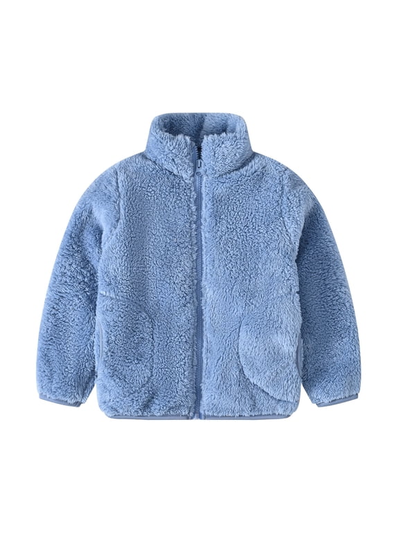 Fleece Jacket for Boys with Pockets Zipper Solid Long Sleeve Fall Winter Coats Blue 4 Years