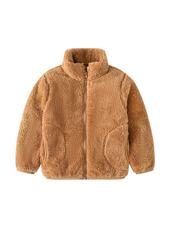 Fleece Jacket for Kids Boys with Pockets Zipper Solid Long Sleeve Fall Winter Coats Coffee 4 Years