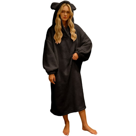Lorytime Fleece Robes for Women Plus Size Thermal Mid Nightgown Long Sleeve Hoodies Pajamas Cute Sleepwear Black M