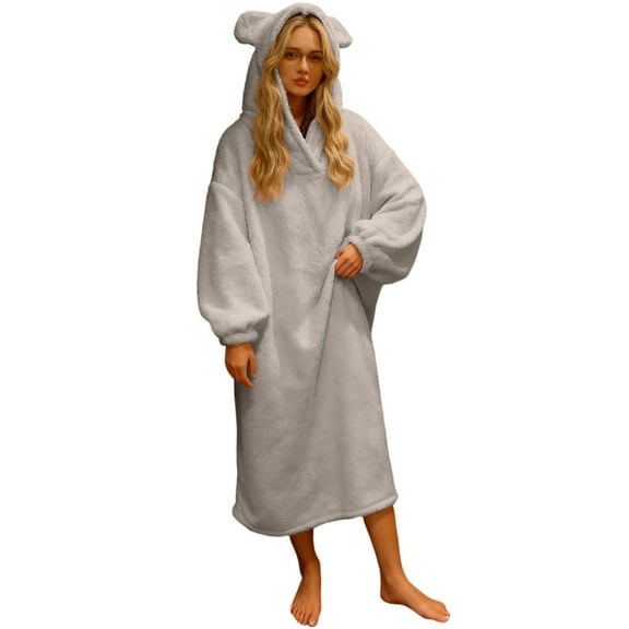 Lorytime Fleece Robes for Women Plus Size Thermal Mid Nightgown Long Sleeve Hoodies Pajamas Cute Sleepwear Gray 2XL