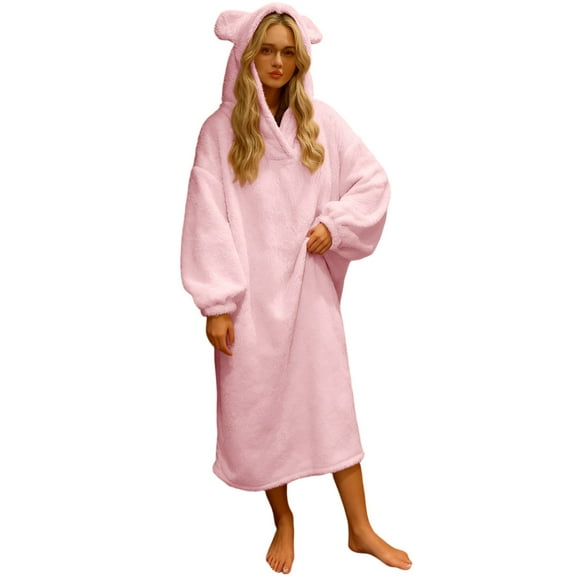Lorytime Fleece Robes for Women Plus Size Thermal Mid Nightgown Long Sleeve Hoodies Pajamas Cute Sleepwear Pink M