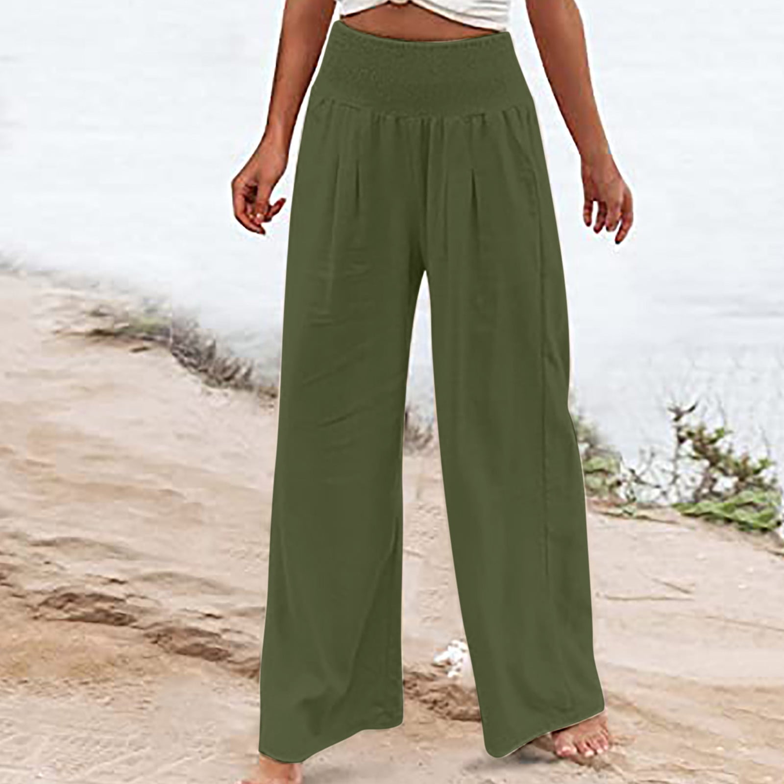 SELONE Linen Pants for Women Plus Size Petite With Pockets High Waist High  Rise Elastic Waist Casual Straight Leg Solid Color Bandage Comfortable