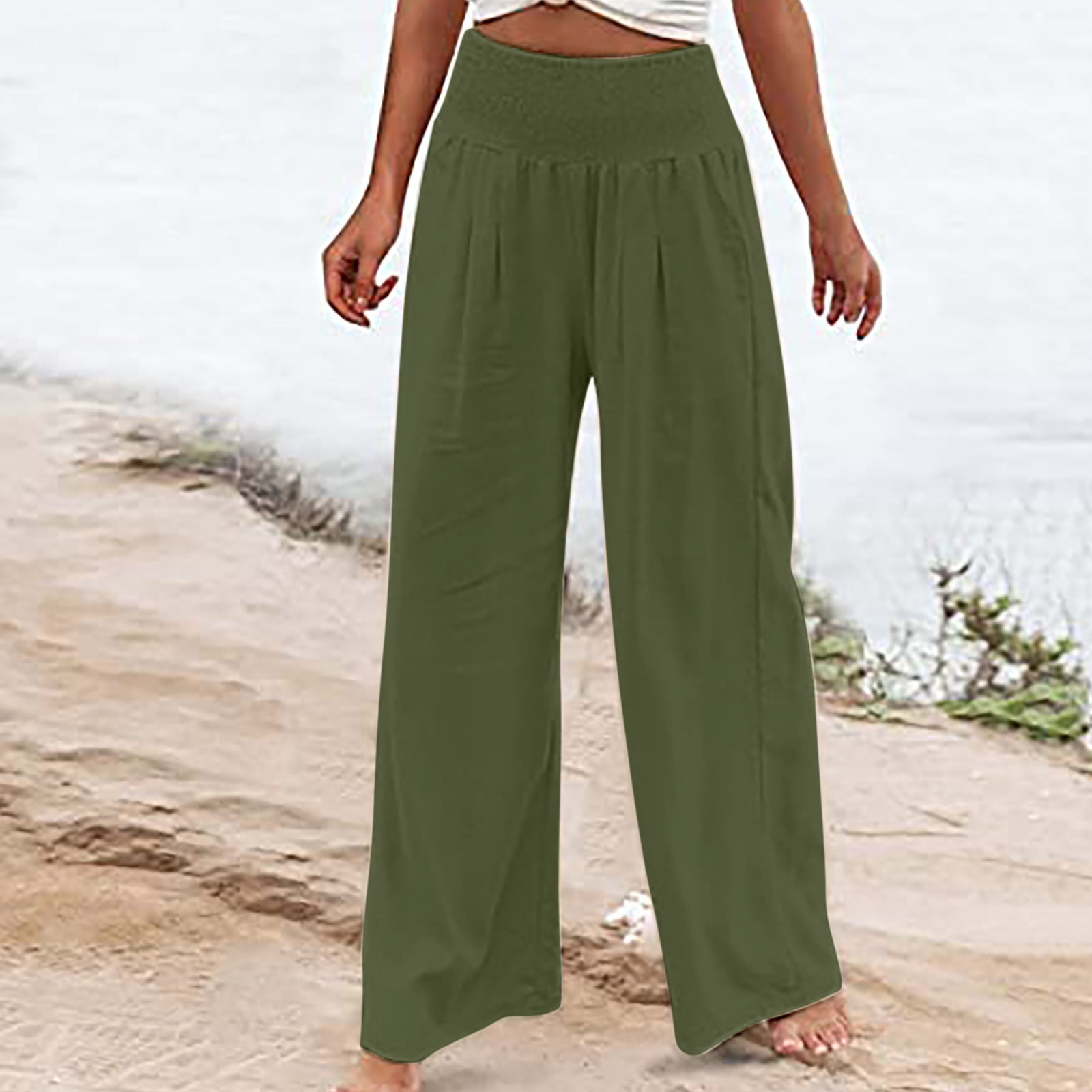 HWRETIE Plus Size Women Pants Clearance Fashion Women Solid Color Linen  Sashes Straight Casual Long Pants Trousers Rollbacks Army Green XL