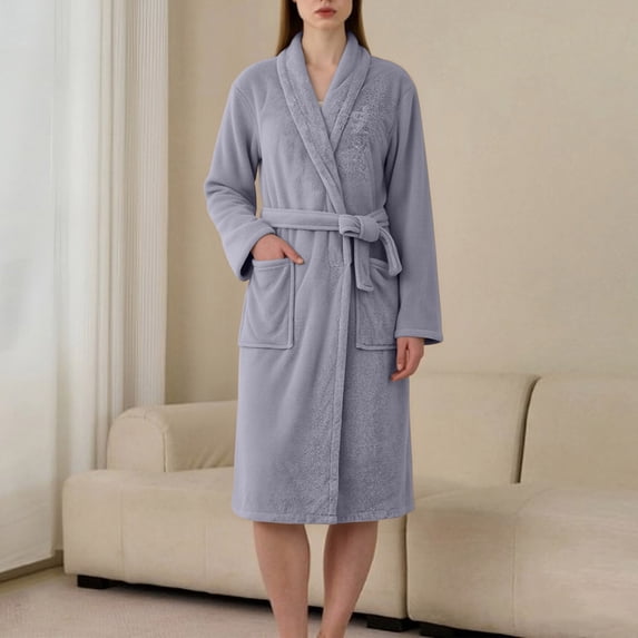 SELONE Fluffy Bathrobes for Women Coral Fleece Robe Lace up Long Sleeve Sleepwear with Pockets Spa Shower Housecoat