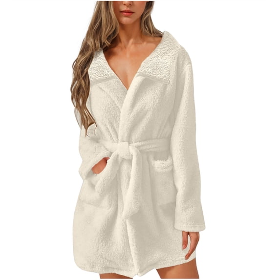 SELONE Fluffy Robes for Women Plus Size Fleece Towel Robe Lace up Long Sleeve Nightwear with Pockets Lounging Clothes