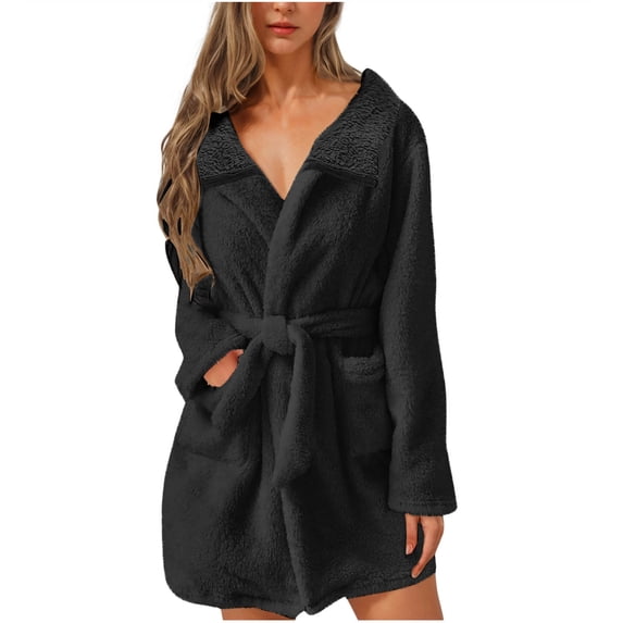 SELONE Fluffy Robes for Women Plus Size Fleece Towel Robe Lace up Long Sleeve Nightwear with Pockets Lounging Clothes