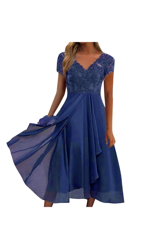 Formal Dresses for Women Wrap Tulle Mesh Lace Short Sleeve V Neck Chiffon Solid Waist Party Summer Dresses for Women Gift for Wedding Guest Evening Party Graduation Birthday Tea Party Navy S