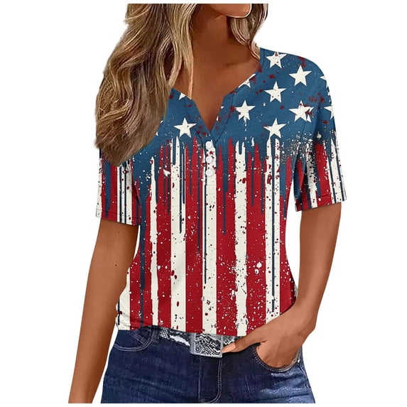 SELONE Fourth of July Print Shirts for Women Star Stripe Pullover Buttons V Neck Short Sleeve Tops Patriotic Clothes