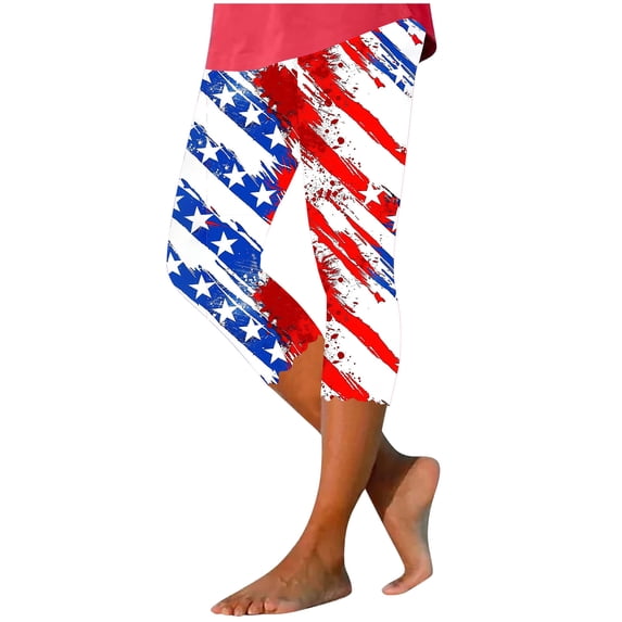 SELONE Fourth of July Women's Tights Leggings High Elastic Waist Capris Summer Pants Star Stripe Color Block Outfits S