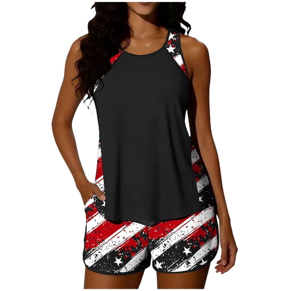SELONE Fourth of July Womens Swimsuits with Shorts Two Piece Star Stripes Tankini Bathing Suits Red White Blue Swimwear