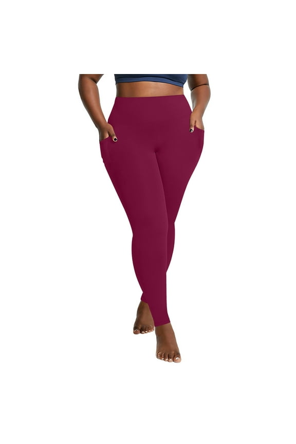Full Length Leggings Workout Plus Size Gym Leggings with Pockets Quick-Dry Elastic Waist Summer Pants Curvy Slim Casual Long Vacation Pants Solid Yoga Wine 2XL Breathable Beach Pants