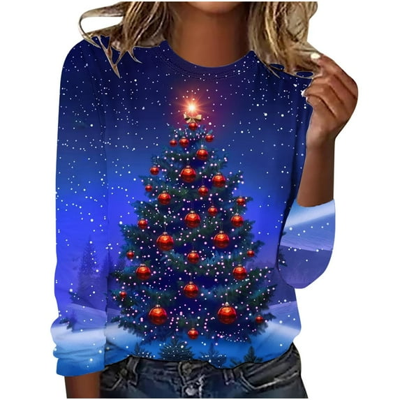 SELONE Funny Christmas Shirts for Women Plus Size Red Long Sleeve Printed Crewneck Pullover Casual Tops L