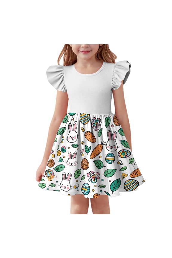 Girl Dresses Easter Ruffle Short Sleeve A Line Dress Crew Neck Midi Sundress Bunny Sweet Beach Outfits 3-14Y