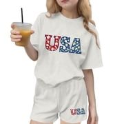 SELONE Girls Clothes Summer 2 Piece Red White and Blue Kids Wear Short Sleeve Tops and Shorts 4th of July Outfits