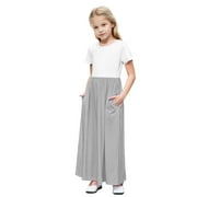 SELONE Girls Dresses Short Sleeve Dress Crew Neck Maxi Sundress with Pockets Ruffle Ruched Elegant Outfits 4-14Y