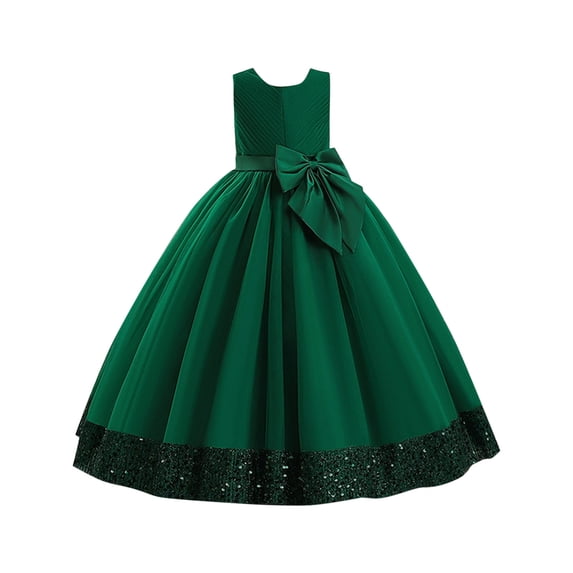 SELONE Girls Formal Dress Sleeveless A Line Dress Crew Neck Maxi Gown Puffy Bow Sequins Host Outfits 7-14Y