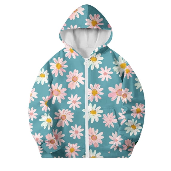 SELONE Girls Lightweight Hooded Jackets with Pockets Hooded Lightweight Zipper Floral Long Sleeve Fall Winter Outwear Green 7 Years