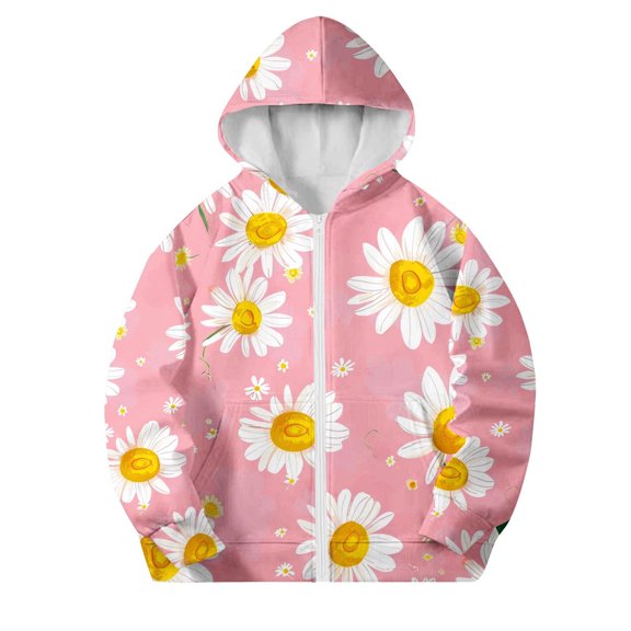 SELONE Girls Lightweight Hooded Jackets with Pockets Hooded Lightweight Zipper Floral Long Sleeve Fall Winter Outwear Pink 4 Years