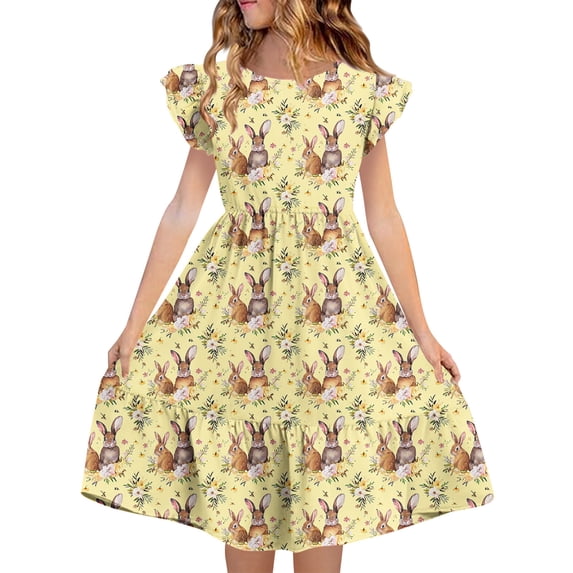 SELONE Girls Summer Dress Easter Flutter Sleeve Dresses Crew Neck Midi Summer Sundress Bunny Cute Hoilday Outfits
