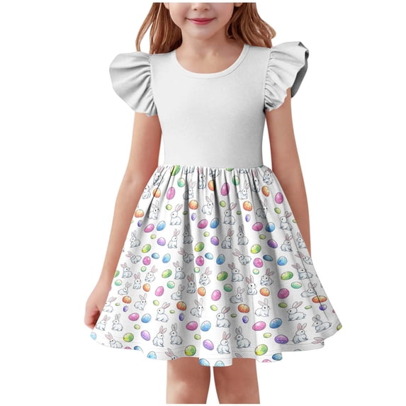 SELONE Girls Summer Dress Ruffle Short Sleeve Princess Dress Crew Neck Midi Sundress Easter Egg Bunny Cute Outfits 3-14Y