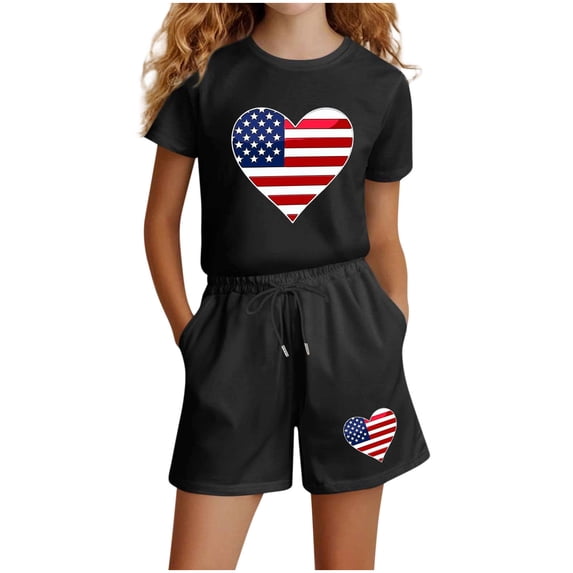 SELONE Girls Summer Sets 2 Piece 4th of July Big Kids Clothing Short Sleeve Shirts and Shorts Patriotic Graphic Outfits