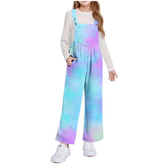 SELONE Girls Wide Leg Overalls Big Kids Fleece Sleeveless Jumpsuit Color Block Trousers with Pockets Fall Winter Outwear