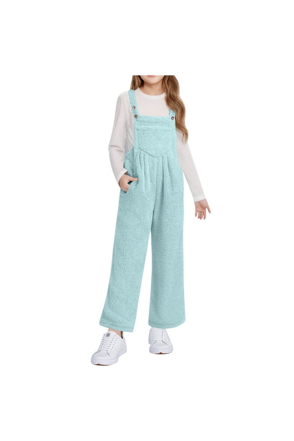 Girls Wide Leg Overalls Big Kids Fleece Sleeveless Jumpsuit Soild Trousers with Pockets Fall Winter Outfits