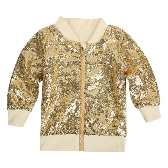 SELONE Gold Sequin Jacket Kids Zipper Solid Long Sleeve Fall Winter Outfit Yellow 140