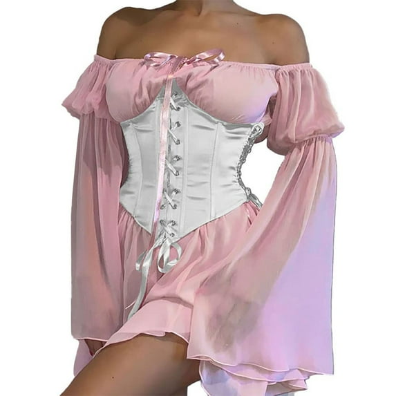 SELONE Gothic Clothing Women Outfit Court Long Sleeve Halloween Corset Tube Top Mini A Line Corset Tops Dress Bell Sleeve Above Knee Vintage Party Dress Elegant Ruffle Vacation Halloween Outfit Fall