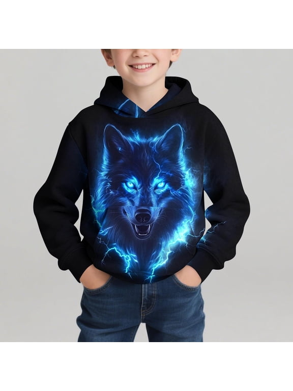 Graphic Hoodies for Boys Hooded Sweatshirts Fleece Wolf Print Black Layering Top Fall Winter Comfy Outfits