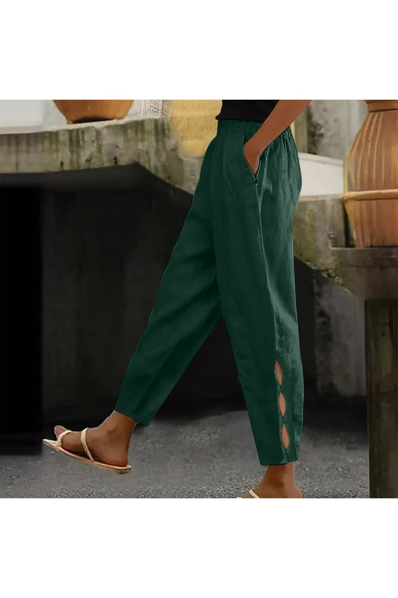 Green Casual Dress Pants Woman Mid Waist Plus Size Lounge Pants with Pockets Elastic Waist Cropped Trouser Beach Pants Pull on Solid Tapered Lightweight Comfy L Tall Breathable Summer Clothes