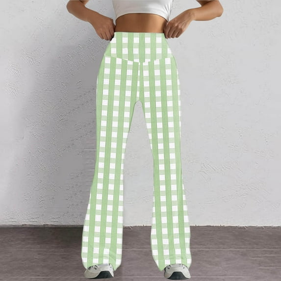 SELONE Green Leggings for Women Flare Mid Waist Plus Size Gym Leggings Full Length Summer Pants Curvy Casual Long Flare Vacation Pants Pull on Plaid Yoga Lightweight Comfy M Breathable Beach Pants