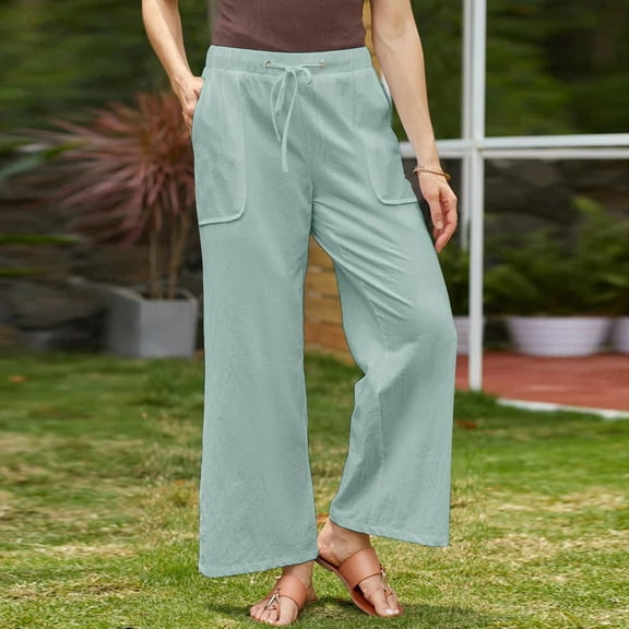 SELONE Green Linen Wide Leg Pants for Women Petite Plus Size Lounge Pants Cotton Linen Wide Leg Cropped Trouser Loose Casual Long Beach Pants Drawstring Solid L Tall Breathable Summer Clothes