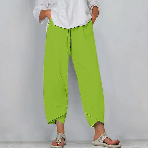 SELONE Green Pull on Dress Pants for Women Plus Size Mid Waist Lounge Pants Cropped Trouser Pants Loose Casual Beach Pants Solid Soft Straight Leg Lightweight Comfy M Breathable Summer Clothes