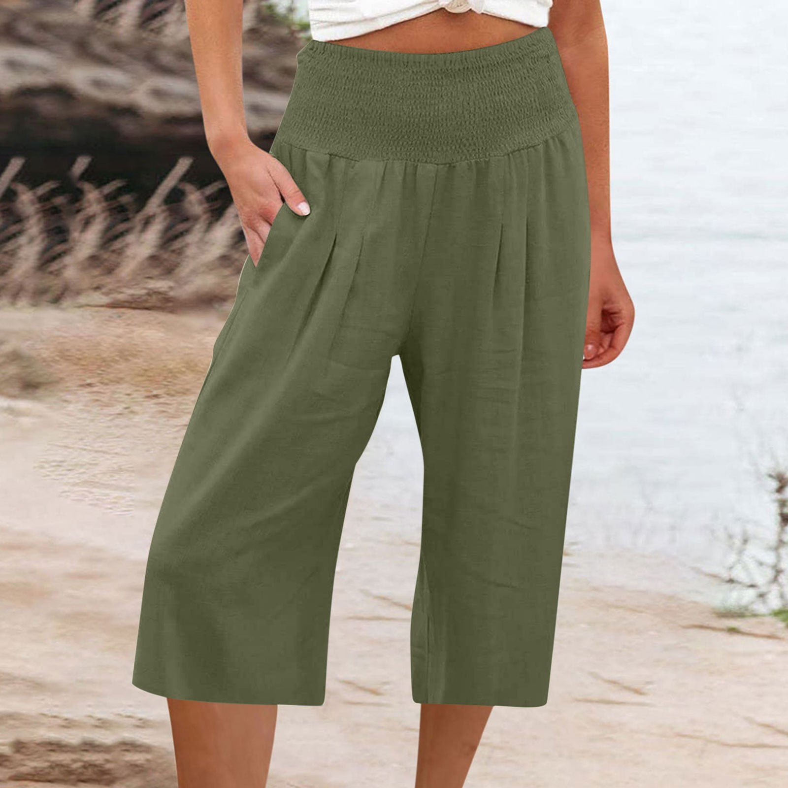 Green Wide Leg Linen Pants for Women High Waist Plus Size Lounge Pants Cotton Linen Wide Leg Capri Trouser Loose Casual Beach Pants Pull on Solid Lightweight 3XL Breathable Summer Clothes