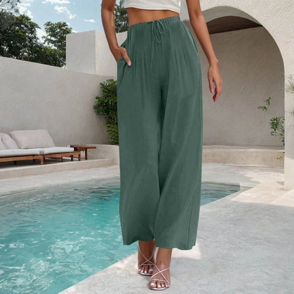 SELONE Green Wide Leg Pants for Women Dressy Plus Size Lounge Pants with Pockets Cotton Linen Wide Leg Elastic Waist Full Length Trouser Loose Beach Pants Drawstring Solid 2XL Tall Summer Clothes
