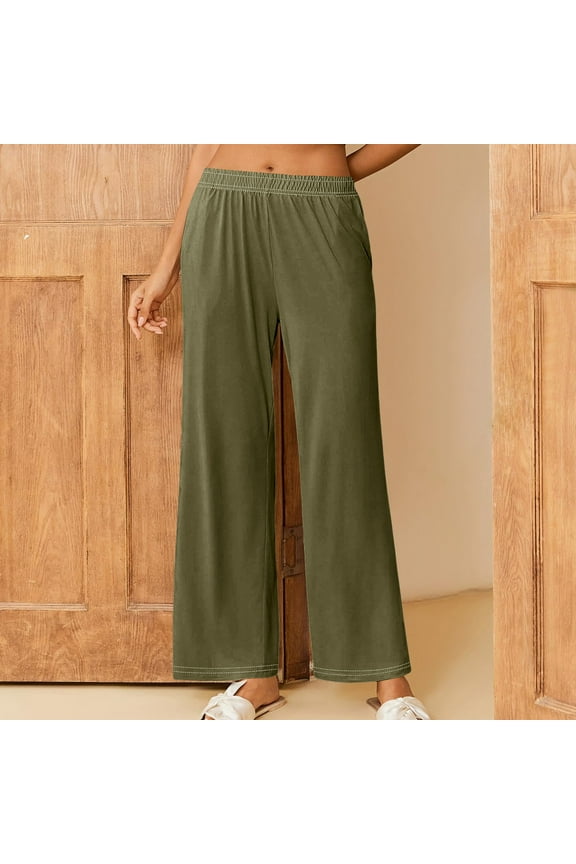 Green Wide Leg Trousers Womens Plus Size Mid Waist Lounge Pants Wide Leg Cropped Trouser Pants Loose Casual Long Beach Pants Pull on Solid Lightweight Comfy S Tall Breathable Summer Clothes