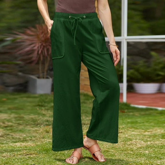 SELONE Green Wide Leg Workout Pants for Women Plus Size Lounge Pants Cotton Linen Wide Leg Cropped Trouser Loose Casual Long Beach Pants Drawstring Solid Lightweight S Tall Breathable Summer Clothes