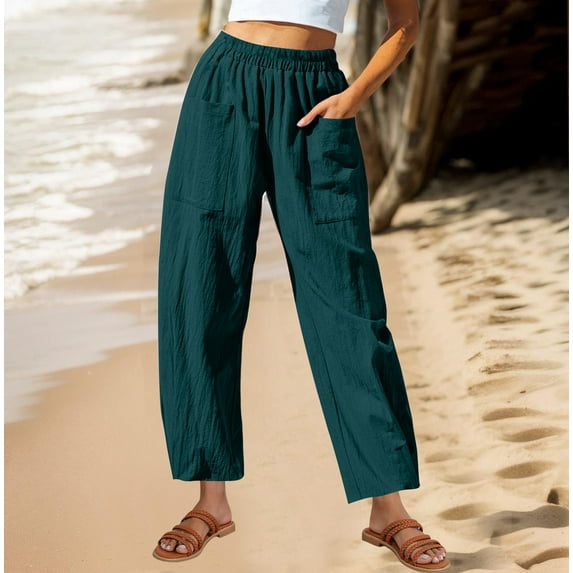 SELONE Green Womens Pants Casual Travel Plus Size Lounge Pants with Pockets Cotton Linen Elastic Waist Cropped Trouser Beach Pants Pull on Solid Tapered Lightweight XL Tall Breathable Summer Clothes