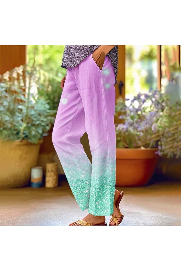 Green Womens Pull on Pants with Pockets Mid Waist Plus Size Lounge Pants Full Length Trouser Loose Casual Long Beach Pants Gradient Print Straight Lightweight L Tall Breathable Summer Clothes