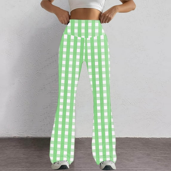 SELONE Green Yoga Pants for Women Plus Size Bootcut Mid Waist Gym Leggings Full Length Summer Pants Curvy Casual Long Vacation Pants Pull on Plaid Soft Lightweight Comfy S Breathable Beach Pants