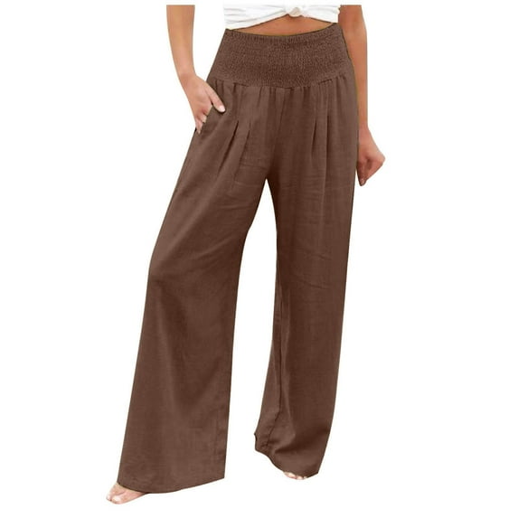 SELONE Gym Pants Women Wide Leg Brown Plus Size Lounge Pants Cotton Linen Wide Leg Elastic Waist Full Length Trouser Loose Casual Long Beach Pants Solid Lightweight L Tall Breathable Summer Clothes