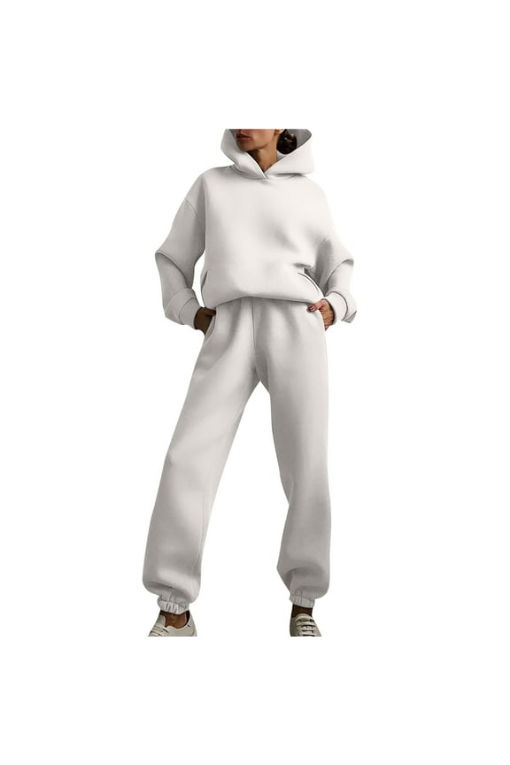 Gym Sets Clothes For Women 2 Piece Long Sleeve Hoodies Long Sweatpants Crew Neck Sweat Suits Loose Taper Leg Workout Solid Legging Sets Lounge Sets Casual Fall Wintern Clothes White