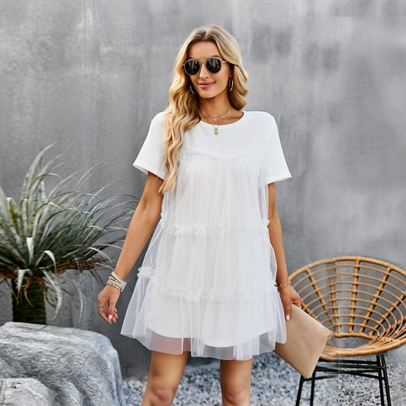 SELONE Hawaiian Dresses for Women Plus Size Summer Spring Casual Tulle Mesh Short Sleeve Solid Color Fashion And Round Neck Midi Dresses for Women for Everyday Wear Beach Vacation White L