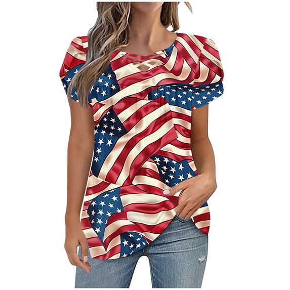 SELONE Heart Shirts for Women Fourth of July Print Star Pullover V Neck Short Sleeve Tops Patriotic Graphic Clothes