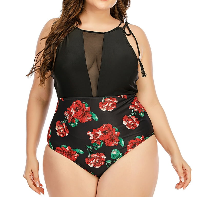 SELONE High Waisted Bikini One Piece Monokini Plus Size Large Bust Colorblock Mesh Romper Full Coverage Conservative Tummy Control Swimsuits Plus Size