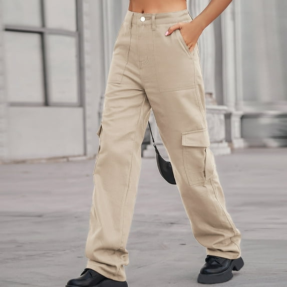 SELONE High Waisted Cargo Pants Women With Pockets Denim Casual Long Pant Straight Leg Solid Pants Hippie Punk Trousers Jogger Loose Overalls s for Everyday Wear Running Work Casual Event Khaki S