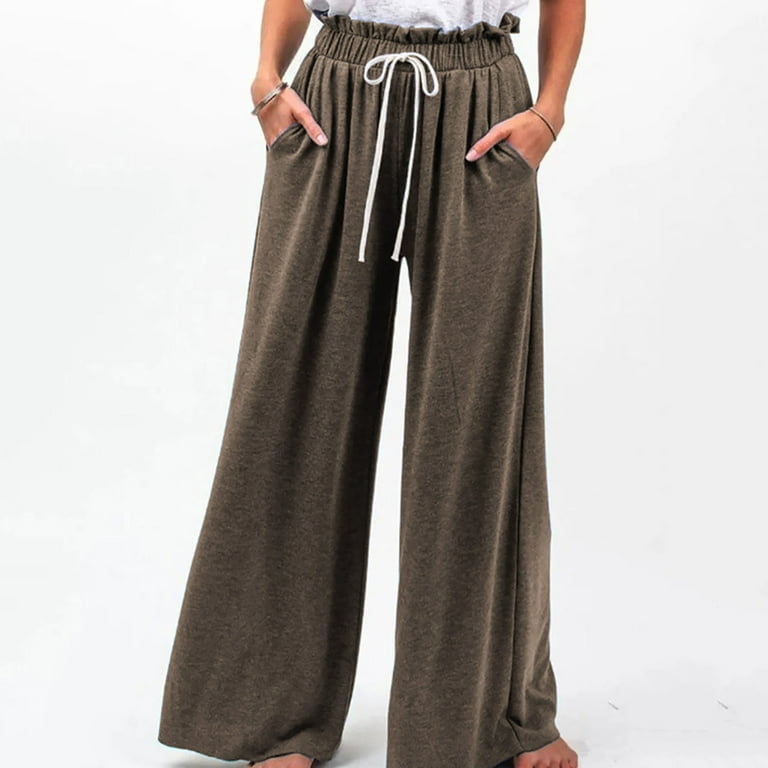 Solid High Waist Elastic Long Length Pants, Slim Stylish Elegant Wide Leg  Pants, Women's Clothing